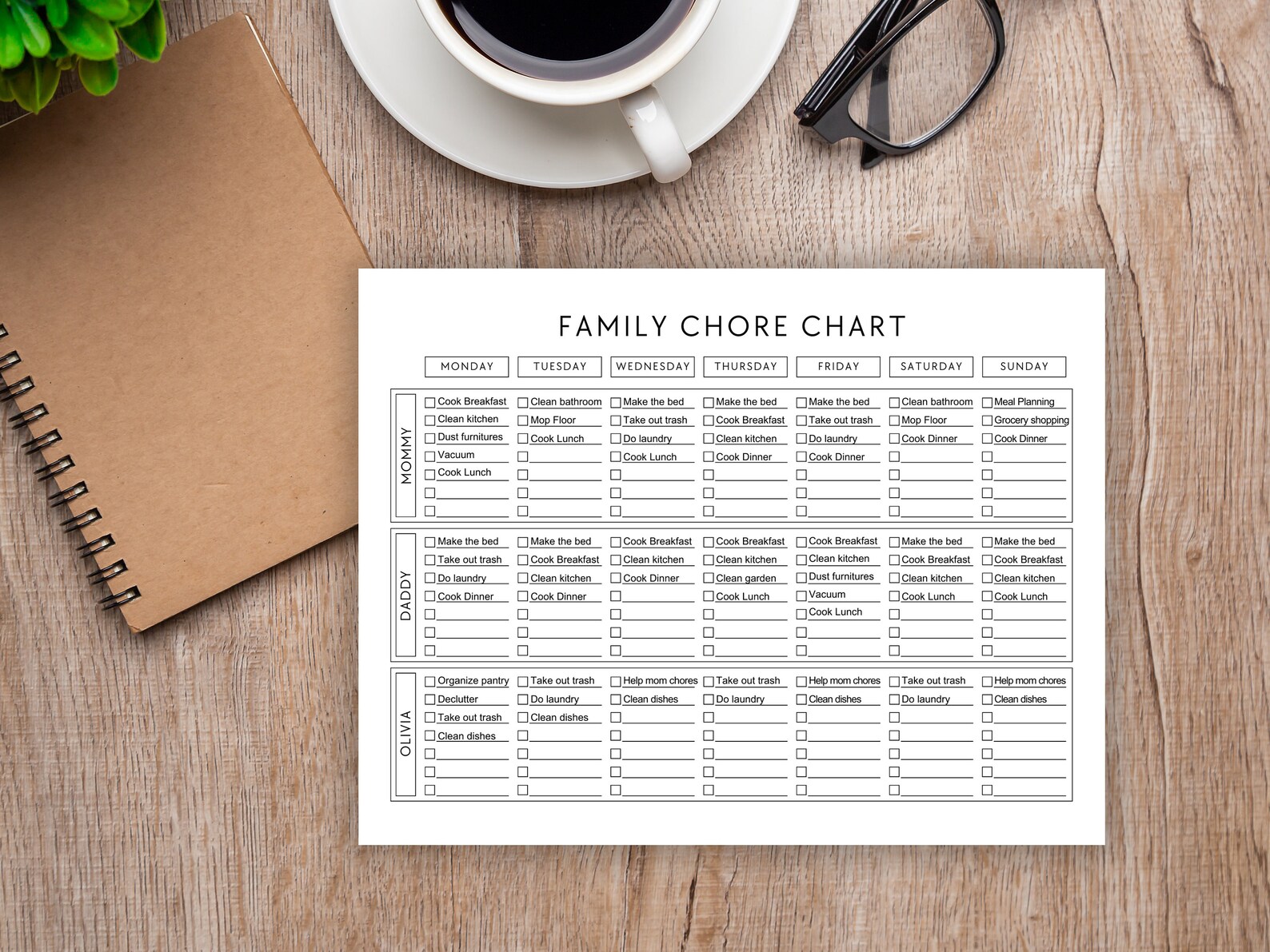 Simple Chore Chart, Minimalist Family Cleaning Schedule for 2-6 ...