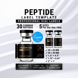 May include: A digital template for peptide vial labels featuring black and gold text on a clear glass vial. The design includes placeholders for Tirzepatide and BPC-157, QR codes, batch numbers, and expiration dates, with dimensions listed in inches and mm.