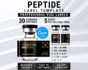 Etichette per peptidi modificabili, modello Canva, design nero e oro, Niimbot M2, Retatrutide, Tirzepatide, GHKCu, BPC157