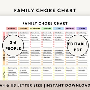 May include: A printable family chore chart with a yellow, pink, and blue color scheme. The chart is designed for 2-6 people and includes a list of chores for each day of the week. The text "Editable PDF" is in a circle on the chart.