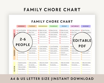 Family Chore Chart Printable: Weekly House Cleaning Checklist, Editable Household Schedule, ADHD Routine Track