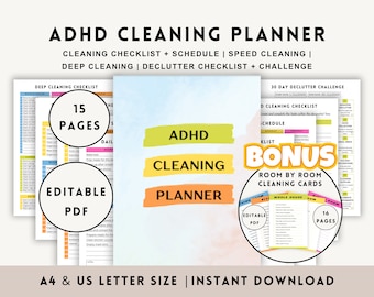 EDITABLE ADHD Cleaning Planner, Printable House Chore Checklist, Daily Weekly Monthly Declutter Schedule Bundle