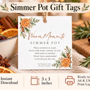 May include: A square white gift tag with a hole at the top and jute twine, featuring watercolor illustrations of orange slices, cinnamon sticks, and greenery. The text reads Warm Moments SIMMER POT with instructions and 3 x 3 inches.