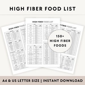 May include: A printable list of over 150 high fiber foods, organized by food category, with serving size and grams of fiber per serving. The list includes vegetables, fruits, grains, legumes, nuts, and seeds.