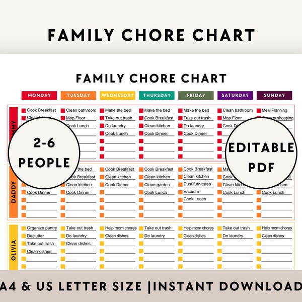 Editable Family Chore Chart, Multiple Kids Responsibility Checklist Printable, Teen Adult Daily Weekly Cleaning Routine, Toddler To Do List