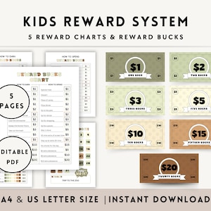 May include: Printable reward system for kids with 5 reward charts and reward bucks. The charts are black and white with green and brown accents. The reward bucks are green, yellow, and brown with a white border and text. The text on the reward bucks includes "One Buck", "Two Bucks", "Three Bucks", "Five Bucks", "Ten Bucks", "Fifteen Bucks", and "Twenty Bucks".