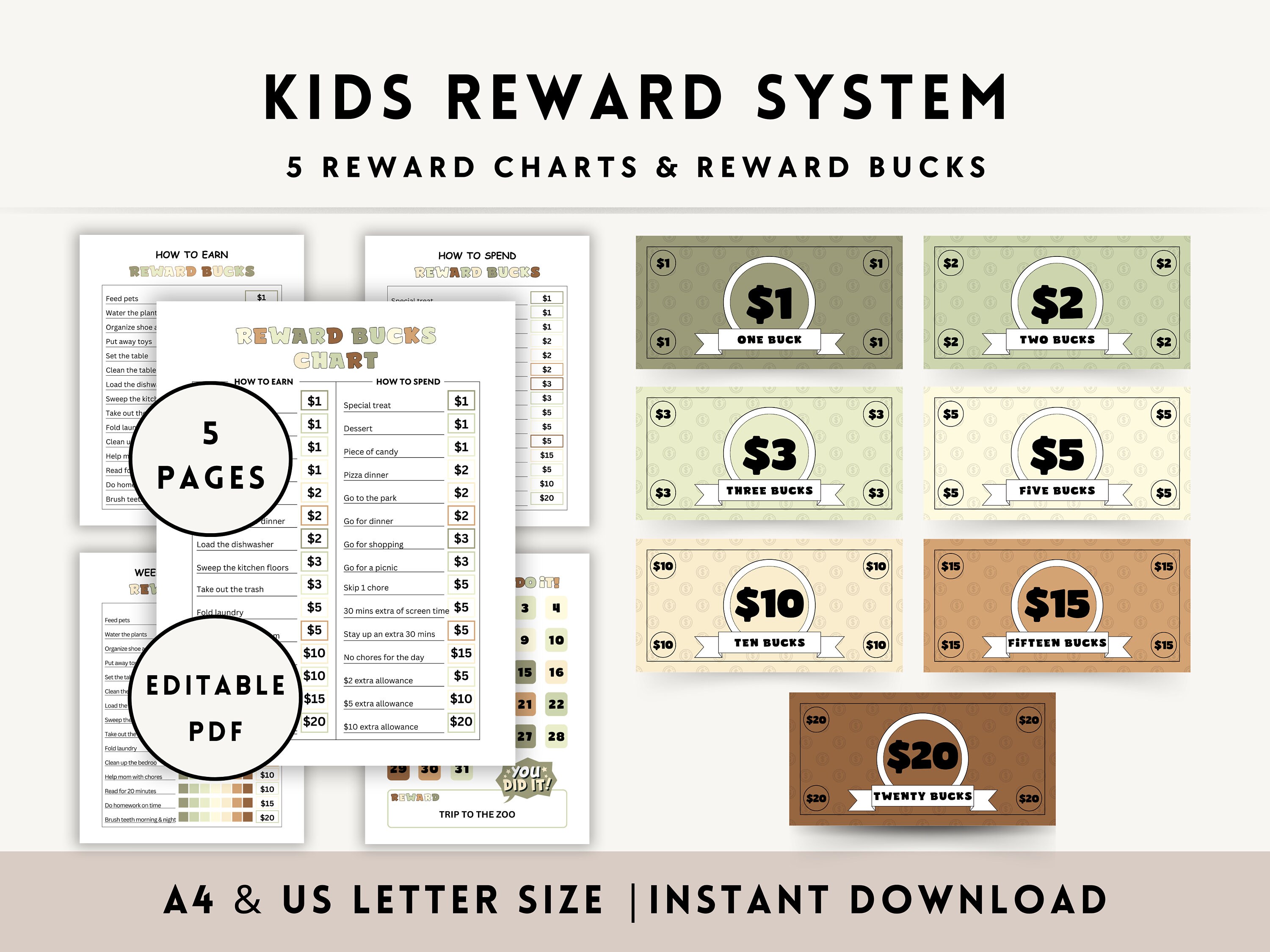 Chore Bucks Reward Chart Printable, Editable Kids Reward System, Allowance, Good Behavior, Play Money, Earn Money, Toddler, Mom Bucks PDF