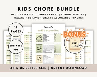 Kids Chore Chart Editable Printable, ADHD Daily Weekly Checklist Bundle, Reward Allowance, School Routine, Screen Time, Behavior Consequence