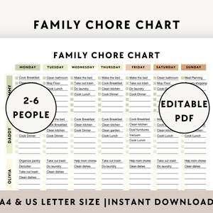 May include: A printable family chore chart with a white background and a grid layout. The chart is labeled "Family Chore Chart" and includes sections for each day of the week. It is designed for 2-6 people and is an editable PDF.
