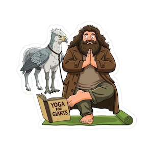 May include: A sticker illustration of a bearded figure in a brown coat performing a yoga pose on a green mat. Beside them stands a grey and white hippogriff. An open book on the mat features the text YOGA FOR GIANTS in bold brown letters.