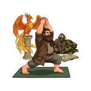 May include: A sticker illustration of a bearded person in a brown coat performing a yoga pose on a green mat. Beside them is a golden phoenix perched on a stone pillar, a brown dog resting on a checkered blanket, and an open book on the floor.