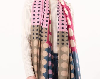 DLUX Merino Wool Silk SCARF: Chequered Spot Digital Print Scarf, Luxury Soft Winter Wrap Large Oblong Fringe Shawl