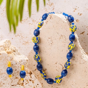 Blue & Yellow African Fused Recycled Glass Krobo Beads Blue Fluted Lucite Beads Yellow Resin Beads image 1