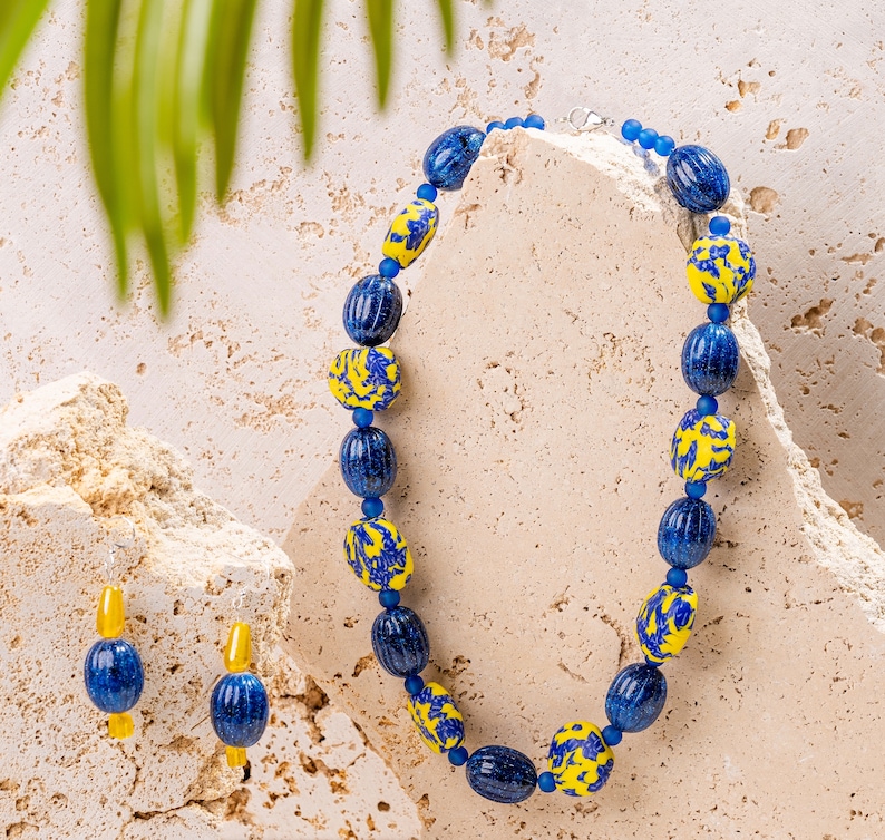 Blue & Yellow African Fused Recycled Glass Krobo Beads Blue Fluted Lucite Beads Yellow Resin Beads image 1