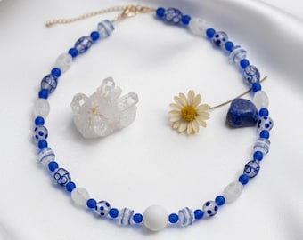 Handmade Blue Murano Glass Beaded Necklace + Complimentary Dangle Earrings – Boho Statement Jewelry – Frosted & Silver Foil Beads – 20 Inch