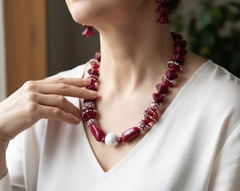 Red Lampwork Glass Beaded Necklace + Complimentary Dangle Earrings, Handmade Boho Chic Necklace for Women, Jewellery Set, Gift For Her