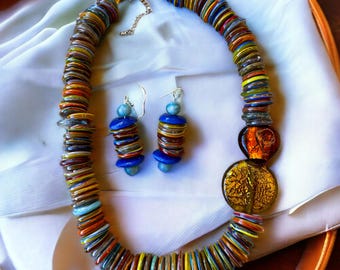 Turkse regenboog glasketting + gratis hangoorbellen, handgemaakte sieraden, glaskralen, mode-sieraden, sieradenset, cadeau voor haar