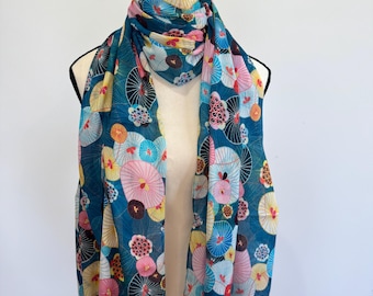 Lotus Leaves Japanese Floral Scarf – Merino Wool Silk Designer Wrap, Multicolor Garden Print Shawl, Lightweight Luxury Women Scarf Gift