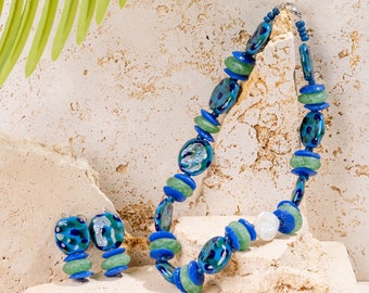 Spotted Blue and Green Ceramic Beads + Stone Beads + Large Baroque Coin Pearl