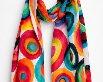 MERINO Wool SILK SCARF – Concentric Circle Print Designer Scarf, Contemporary Fashion Accessory, 70x200cm