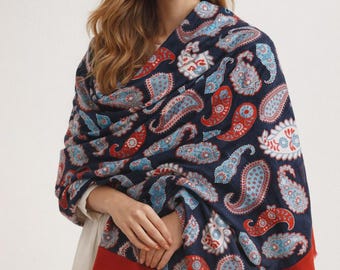Paisley Embroidered Merino Wool Scarf – Luxury Winter Designer Scarf for Women, Navy Statement Warm Winter Shawl Wrap