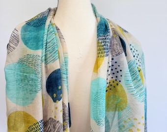 Abstract Polka Dot Linen Scarf – Lightweight Breathable Summer Wrap, Teal Yellow Artistic Print Shawl for Women
