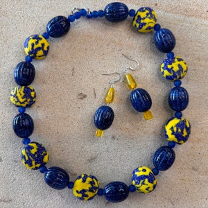 Blue & Yellow African Fused Recycled Glass Krobo Beads Blue Fluted Lucite Beads Yellow Resin Beads image 2