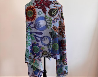 Hand-Embroidered Blue Botanical Shawl – Large Merino Wool Wrap with Vibrant Floral & Leaf Motifs