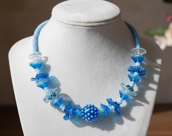 Blue and Turquoise Lampwork Necklace + Complimentary Dangle Earrings – Handmade Artisan Glass Bead Statement Jewelry for Women, 19 Inches