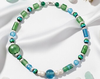 Blue Green Glass Beaded Necklace with Freshwater Pearls + Complimentary Dangle Earrings—Handmade Boho Statement Jewelry for Women—22 Inch