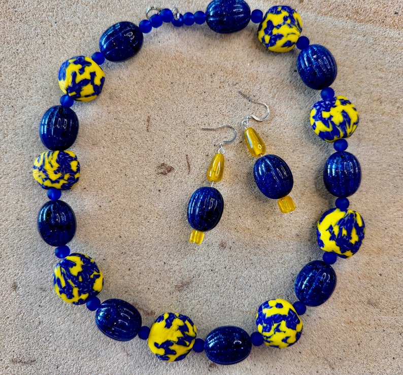 Blue & Yellow African Fused Recycled Glass Krobo Beads Blue Fluted Lucite Beads Yellow Resin Beads image 5