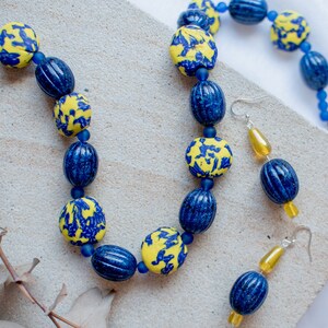 Blue & Yellow African Fused Recycled Glass Krobo Beads Blue Fluted Lucite Beads Yellow Resin Beads image 3