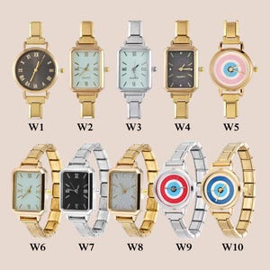 May include: A selection of ten quartz wristwatches, showcasing diverse designs. The watches feature gold and silver metal straps, with round, rectangular, and square faces. Some have Roman numerals, others have patterned faces, and all have quartz movement.