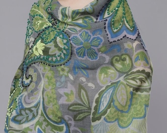 Bufanda de lana merino con bordado floral tropical para mujer – Chal de lana de lujo de diseño, chal ligero y cálido para invierno, bufanda elegante y a la moda.