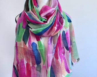 Bufanda abstracta Rainbow Strokes – Chal de diseño de lana merino y seda – Bufanda de invierno con pinceladas de acuarela para mujer