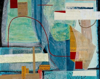 Jack y Jill – Pintura abstracta contemporánea de técnica mixta sobre lienzo, collage emotivo en azul y rojo, arte mural moderno con textura