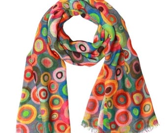 Concentric Circle Print Merino Wool & Silk Designer Scarf – Abstract Modern Art Wrap, Lightweight Luxury Winter Accessory, 70×200 cm