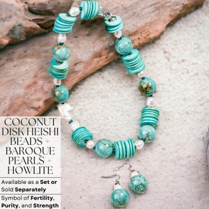 Coconut Heishi Jewelry Set, Turquoise Heishi Necklace, Heishi Bead Necklace, Howlite Jewelry Set, Pearl Arizona Southwestern Navajojewelry