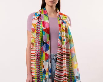 PURE SILK SCARF – Abstract Geometric Multicolor Oblong Tessera Scarf, Luxury Lightweight Silk Wrap, Designer Gift Scarf for Women