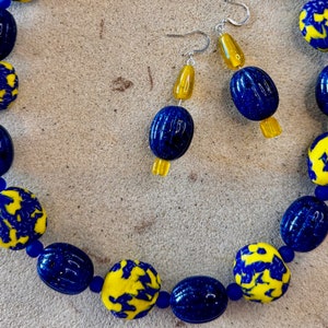 Blue & Yellow African Fused Recycled Glass Krobo Beads Blue Fluted Lucite Beads Yellow Resin Beads image 4