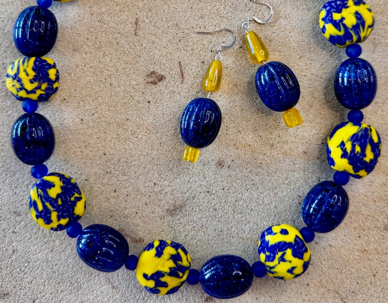 Blue & Yellow African Fused Recycled Glass Krobo Beads Blue Fluted Lucite Beads Yellow Resin Beads image 4