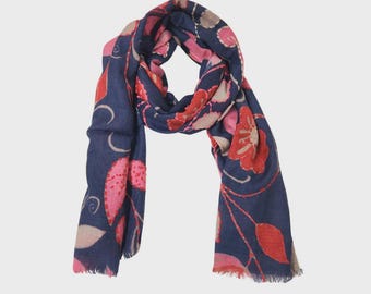Embroidered Merino Wool Scarf – Navy Midnight Blossom Floral Designer Wrap, Soft Warm Lightweight Luxury Women’s Winter Shawl Gift