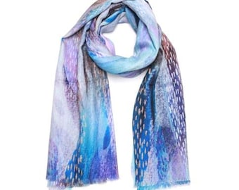 Cotton Modal Wool Scarf - Mystic Waves Abstract Wrap, Blue & Purple Artistic Print, Lightweight Designer Shawl for Women