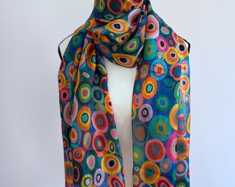 Bufanda de seda pura con círculos geométricos – Chal de diseño, elegante chal versátil de seda gris