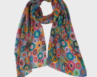 Geometric Circles Pure Silk Scarf – Fashion Designer Wrap, Elegant Grey Base Silk Versatile Shawl