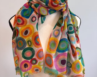 Colorful Dot Print Natural Wool Silk Scarf - Lightweight Travel Wrap, Handmade Boho Women Shawl