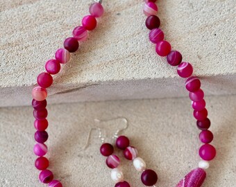 SOLD***Pink Botswana Agate Beads + Striped Agate + Freshwater Pearls + Baroque Pearls