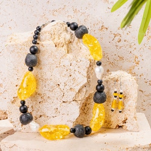 Vintage Yellow Chunky Resin Nuggets Beaded Jewellery Set, Yellow Dangle Earrings, Black & Yellow Statement Necklace, Fashion Accessories