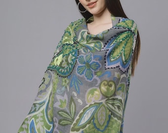 Tropical Floral Embroidered Merino Wool Scarf for Women – Luxury Designer Wool Wrap, Lightweight Warm Winter Shawl, Elegant Fashion Scarf