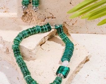 Green Coconut Heishi Disks +Turkish Glass Beads + Silver Foil Bead + Carved Silver Bead + Baroque Coin Pearl